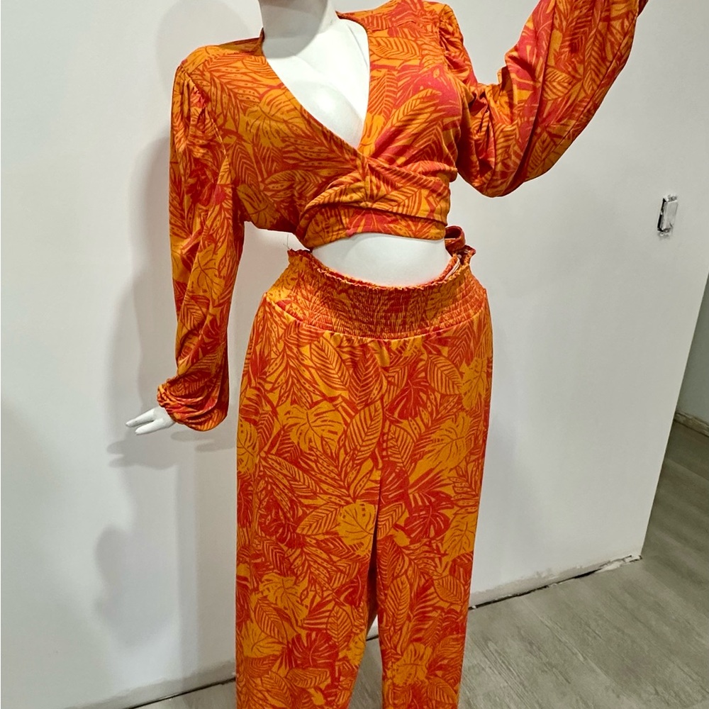 Bar III Orange Leaf-Print Wide-Leg Jumpsuit Set